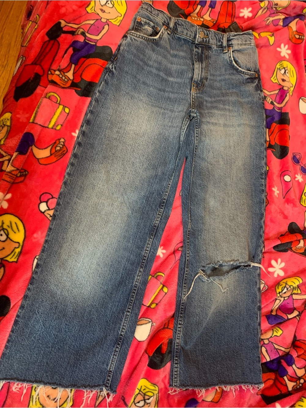 Zara Medium Blue Wide Leg Distressed Jeans